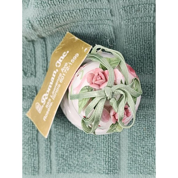 Set Of 4‎ Vintage Roman, Inc Ornaments Summer Blooms Pink Rose With Tags - Picture 15 of 16